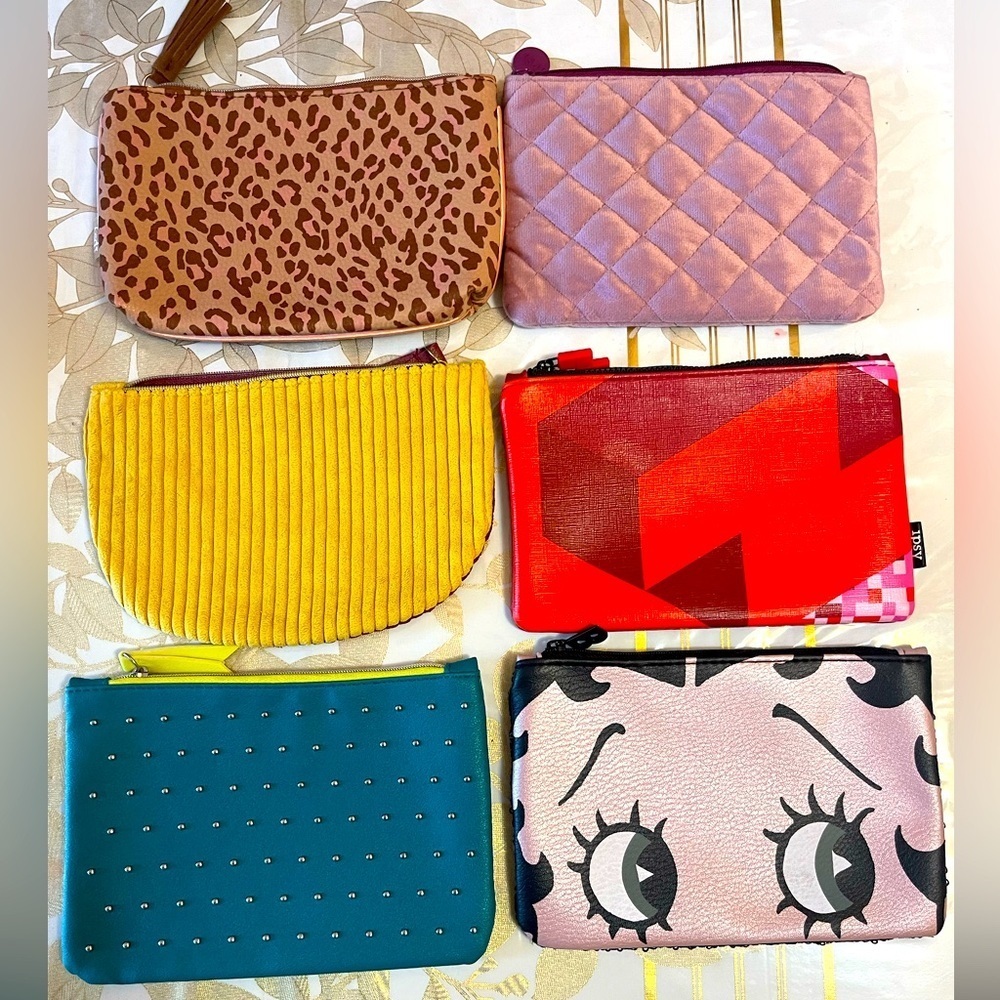~ Set of 6 ~  Canvas Vegan Leather Lined Zippered Cosmetic Make Up Bags